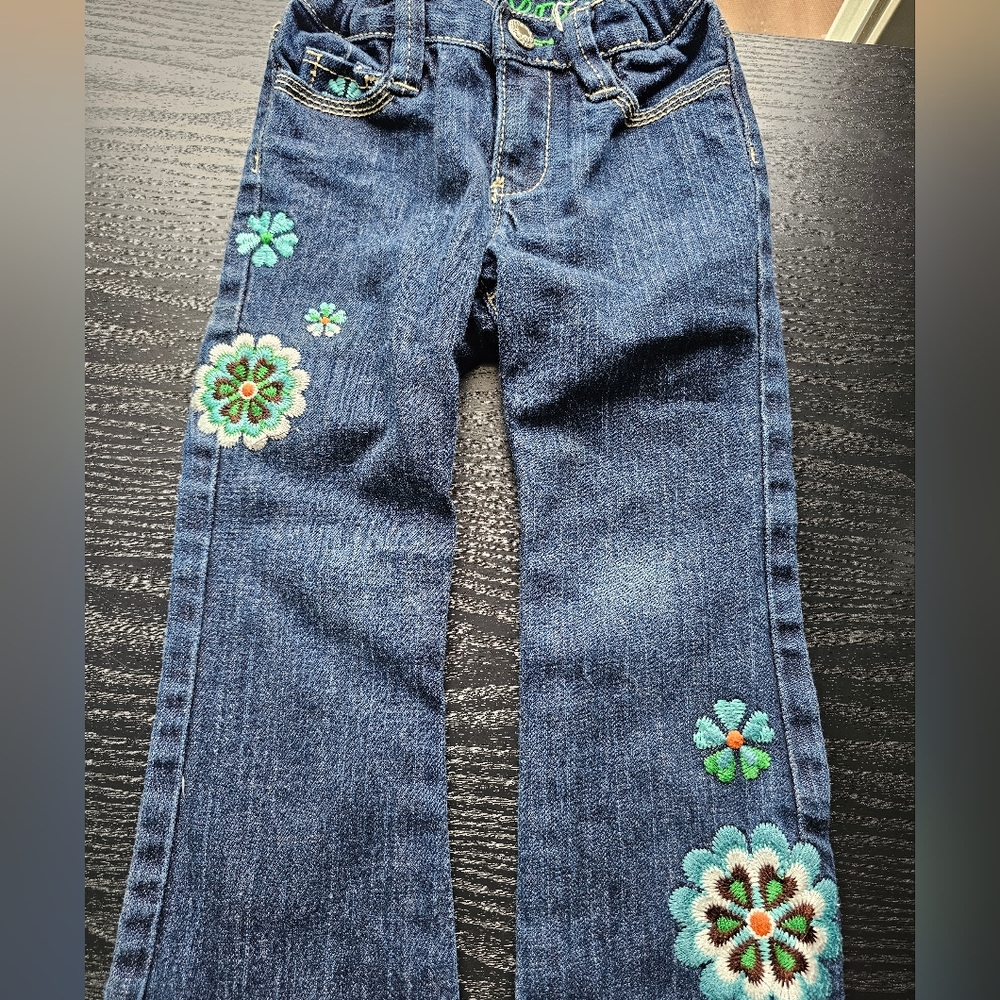 GAP Blue Straight Leg Toddler Jeans with Floral Embroidery Sz 3Y